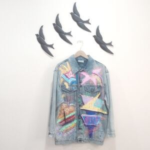 Sportdeco Diner Acid Wash Hand Painted Embellished Denim Jacket, M, Vintage 80s